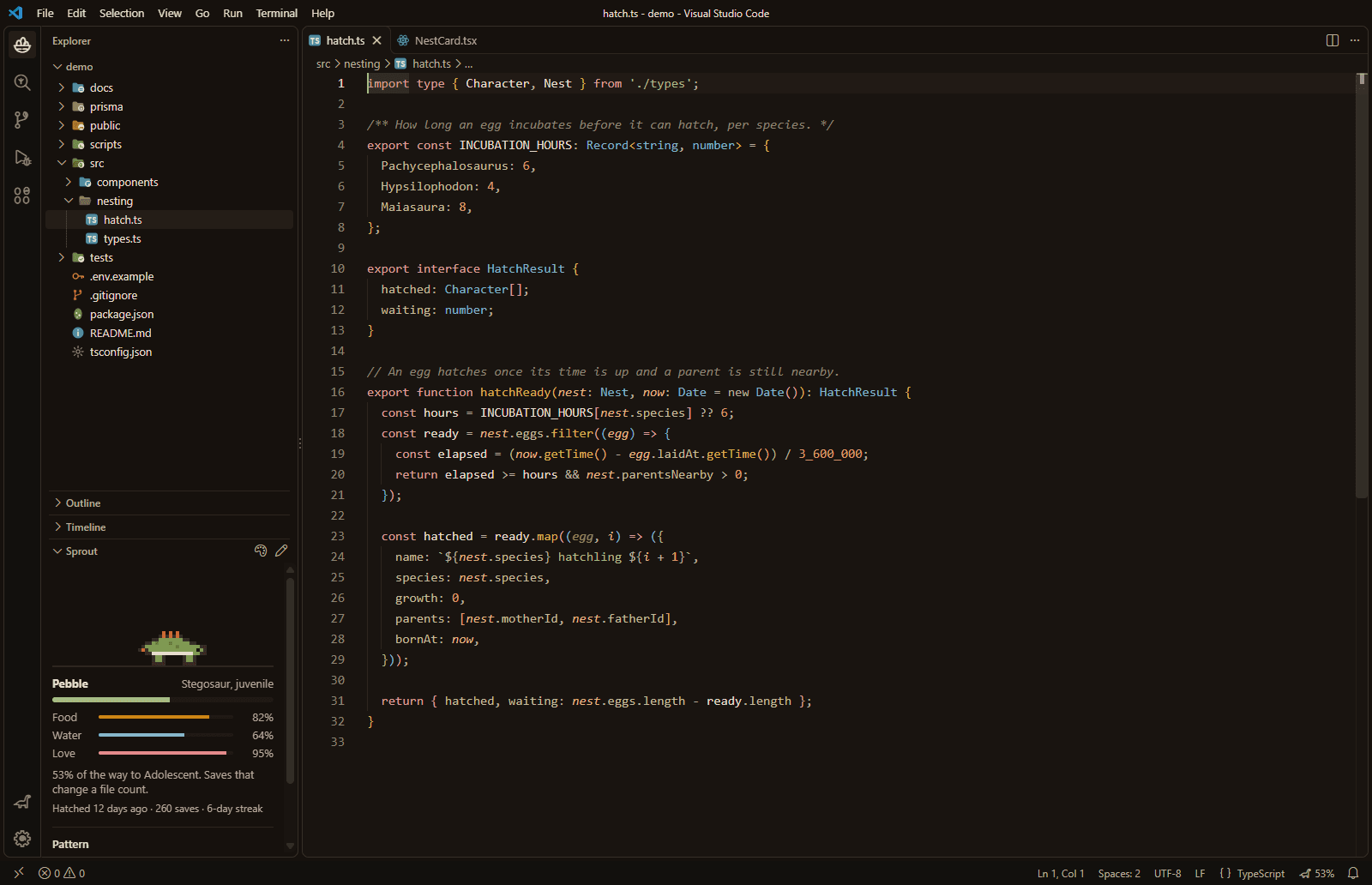 VS Code in the Rosa Dark theme, with Rosa file icons in the Explorer and a sprout below them.