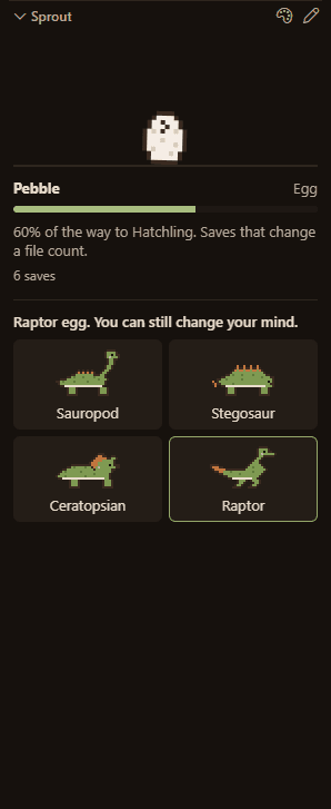 The Sprout view with a raptor egg picked and the four dinosaurs to choose from.