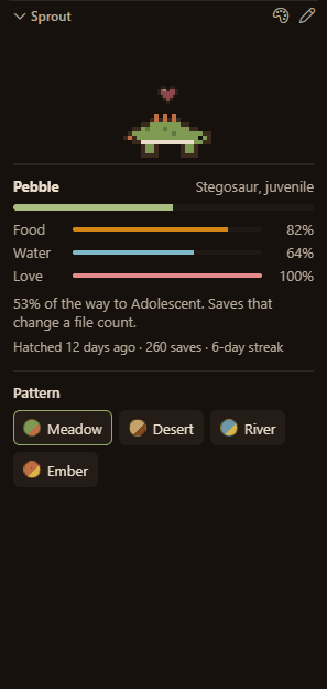 The Sprout view with a juvenile stegosaur, its food, water and love, its stats and the pattern buttons.